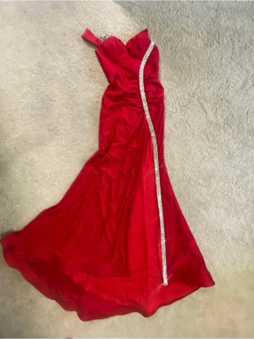 Red Strapless Evening Gown with Side Embellished Trim
